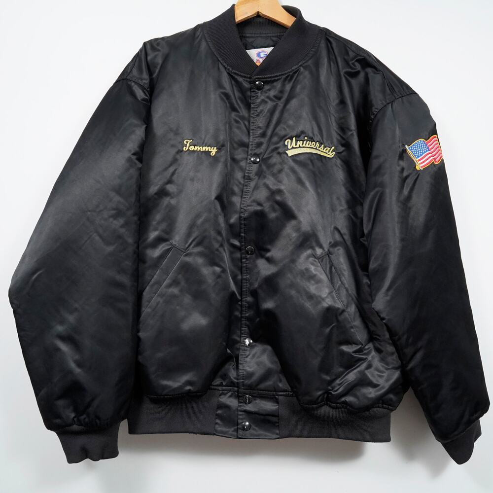 Vintage GAME Sportswear Satin Bomber Jacket USA Made XL Black Embroidered Flag